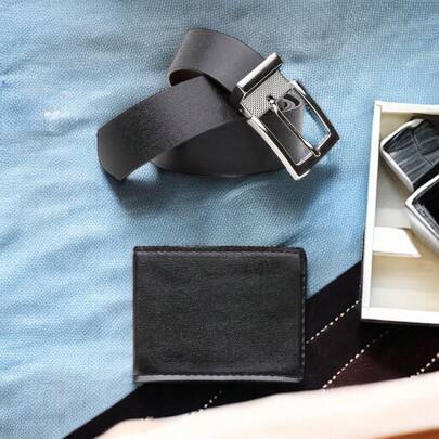 Kit Cinto Dupla face Masculino Com Fivela E Carteira Slim Porta Cartões Preto