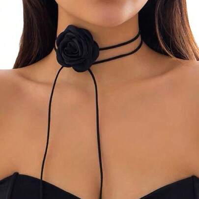 1pc Women's Creative Handmade Rose Flower Necklace, Long Diy Floral Plush Choker Elegant Accessories Women Valentine's Day Valentines
