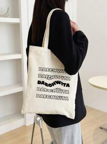 Una bolsa de lona beige de moda con diseño artístico de letras y patrones para mujeres, adecuada para viajes y uso diario como una práctica bolsa de compras. - Beis - Ver 4