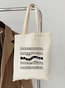 Una bolsa de lona beige de moda con diseño artístico de letras y patrones para mujeres, adecuada para viajes y uso diario como una práctica bolsa de compras. - Beis - Ver 3