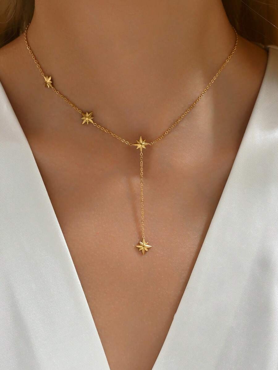 LIEBEIRIS 1Pc Mạ Vàng 18K Hình Chữ Y Dây Octagram Thép Không Gỉ Nữ Vòng Cổ - Vàng - Xem 1