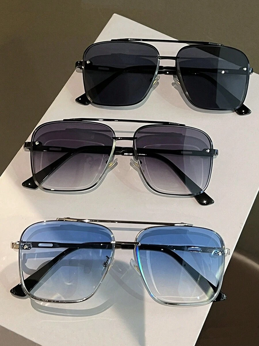 1 Set Men Square Vintage Pilot Dual Bridge Gradient Color Fashion Fashion Glasses, Suitable For Holiday And Daily Use (Cleaning Cloth Included) For Summer Beach Vacation,Outdoor,Travel - 彩色 - 查看 1