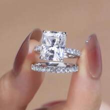 2pcs Fashionable Rectangle Cut CZ Wedding Ring Set, Suitable For Ladies On Engagement Party As Promise Jewelry Gift - Silver - View 7
