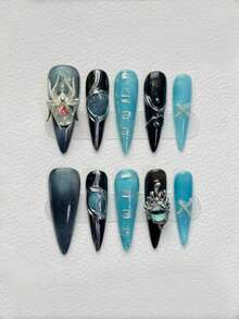 10 piezas de uñas postizas presionadas con diseño hecho a mano de estilo artístico de telaraña plateada con inspiración en el océano. Suministros para uñas. - Multicolor - Ver 4