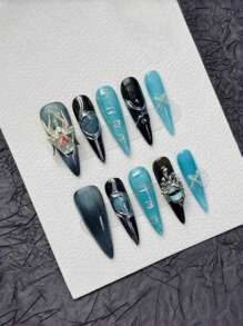 10 piezas de uñas postizas presionadas con diseño hecho a mano de estilo artístico de telaraña plateada con inspiración en el océano. Suministros para uñas. - Multicolor - Ver 3