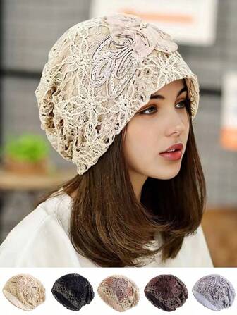 Un Gorro de mujer con diseño de flores grandes anudadas, con encaje calado y desgastado, transpirable, de moda y adecuado para el uso diario y viajes de las mujeres. Invierno, otoño, Día de San Valentín