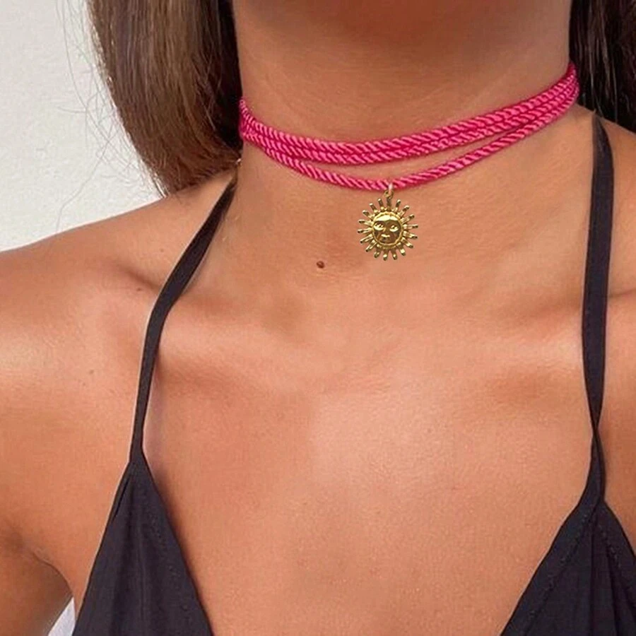 1pc Stainless Steel Gold Sun Pendant Necklace With Cord, Simple & Fashionable Layered Accessory - Hot Pink - View 1