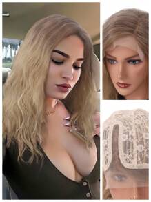 Ombre Blonde Natural Wave Short Women Lace Front Synthetic Wigs 6X4X0.5 T-Part Lace Wig  Middle Length Lace Curly Wigs With 180 Density Side Part Synthetic Hair For Women Lady Ladies Daily Used 18inch Beginner Friendly - Ombre - View 3