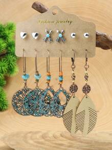 TopHanqi Juego de aretes colgantes de estilo vintage-geométrico con colgante hueco, decorado con turquesa y pedrería, para mujeres, elemento bohemio, para cuatro temporadas