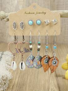 TopHanqi Juego de aretes colgantes de estilo vintage-geométrico con colgante hueco, decorado con turquesa y pedrería, para mujeres, elemento bohemio, para cuatro temporadas
