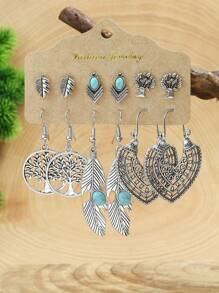 TopHanqi Juego de aretes colgantes de estilo vintage-geométrico con colgante hueco, decorado con turquesa y pedrería, para mujeres, elemento bohemio, para cuatro temporadas