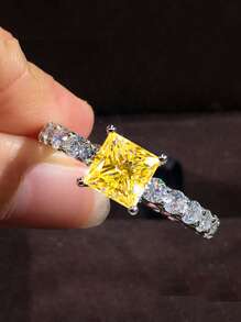 1 件闪亮时尚方形方晶锆石戒指，女士婚礼订婚承诺永恒新娘周年纪念诞生石日常戒指 - 黃色 - 查看 15