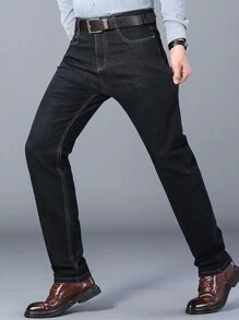 Men Slant Pocket Straight Leg Jeans - Black - View 3