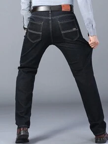 Men Slant Pocket Straight Leg Jeans - Black - View 5