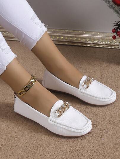 Women's Spring New Golden Chain Elegant Loafers, Lightweight Comfortable Versatile Rubber Flat Slip-On Shoes
