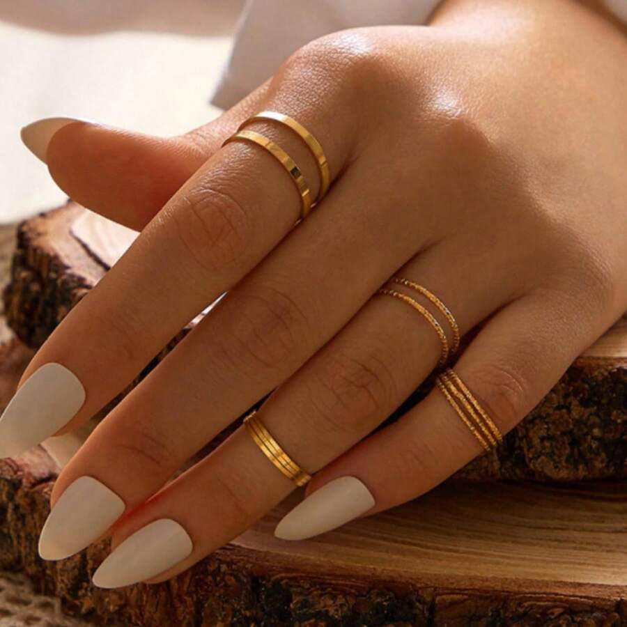 跨境合金戒指套裝，創意簡潔復古聯合戒指，10件/套 - 金黃色 - 查看 1