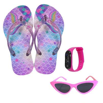 Kit Infantil Feminino Criança Acessórios Chinelo + Óculos + Relógio Unicórnio Sereia Princesa