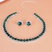 3 件女式绿色水钻人造宝石项链耳环套装，时尚奢华组合珠宝万圣节圣诞节 - 綠色 - 查看 4