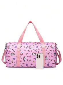 1 pieza Bolsa de viaje informal con diseño de unicornio con corona de corazón de dibujos animados, de gran capacidad para yoga/natación/gimnasio con separación de compartimientos secos y húmedos, adecuada para bolso deportivo y equipaje con ruedas