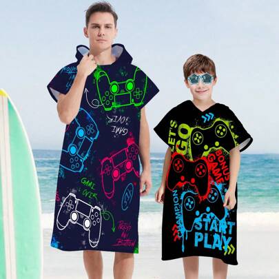 1pc Children Hooded Cloak Poncho, Unisex Cartoon Game Controller Design, Super Soft & Absorbent, Suitable For Bathroom, Beach, Comes In 2 Sizes