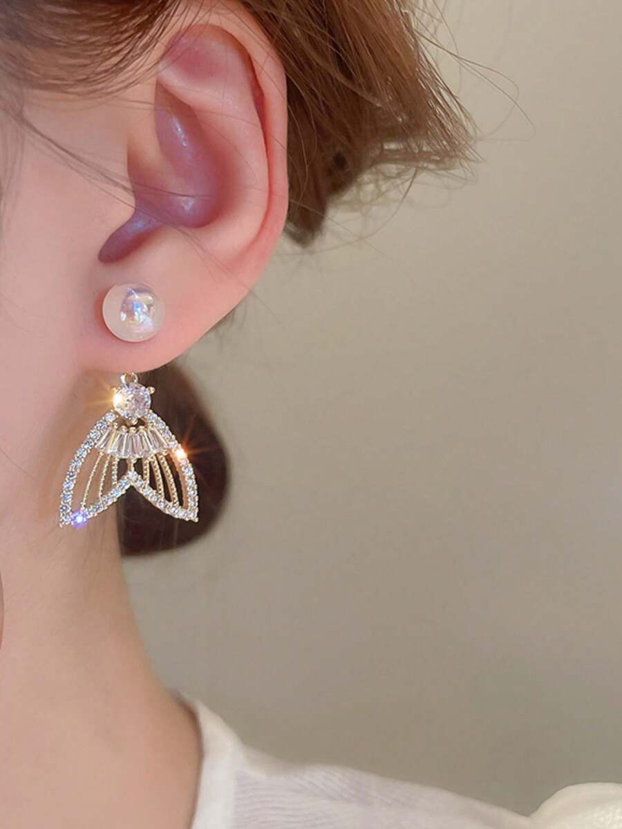 Silver Needle Pearl Ear Studs Mermaid Tail Dangle Earrings For Women