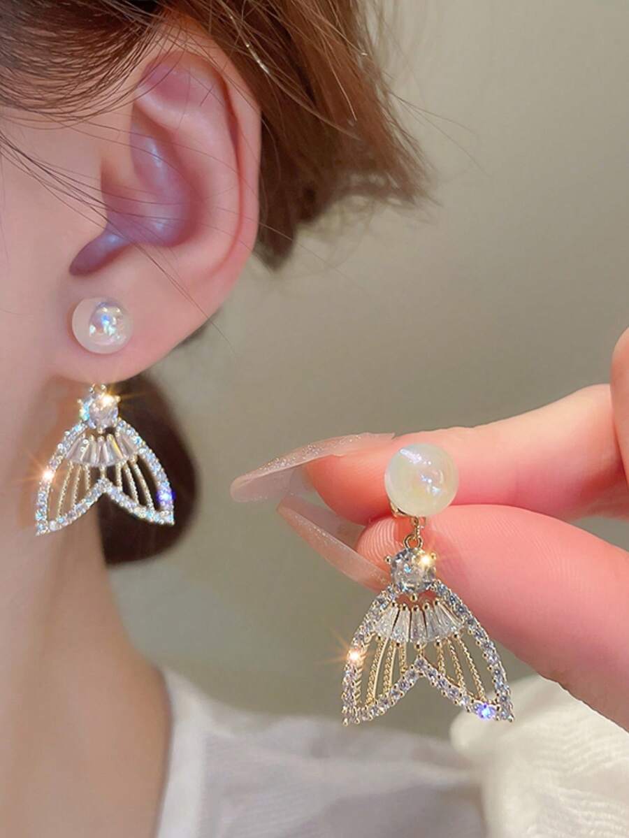 Silver Needle Pearl Ear Studs Mermaid Tail Dangle Earrings For Women