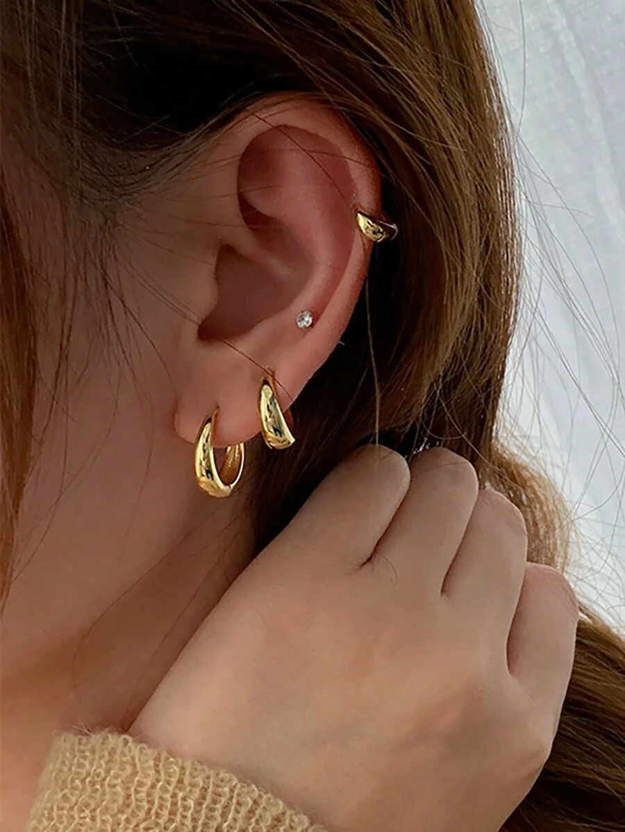 4 Pairs European And American Style Copper Geometric Round Hoop Earrings Featuring Faceted Diamond Cubic Zirconia, Glossy Finish, Daily Accessory For Women - Yellow Gold - View 1