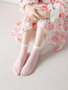 5 Pairs/24 Summer New Children Socks Mesh Thin Bubble Mouth Cute Pink Bunny Lace Princess Short Socks 1-12 Years Old Students Mesh Breathable Mid-Calf Girls Sports Sweat-Absorbent Short Socks