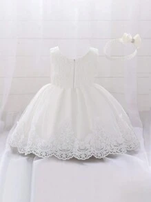 Vestido de princesa para niña con diadema, con bordado de moño, malla y encaje, adecuado para cumpleaños, florista, fiesta de boda - Blanco - Ver 2