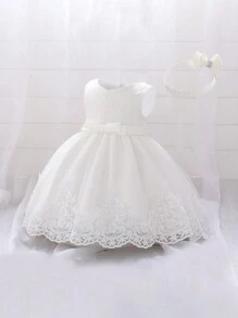 Vestido de princesa para niña con diadema, con bordado de moño, malla y encaje, adecuado para cumpleaños, florista, fiesta de boda - Blanco - Ver 3