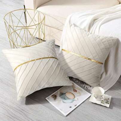 1pc Beige Velvet With Gold Leather Glitter Diagonal Stripe Cushion Cover, Square Pillowcase, Holiday Home Decor, Soft & Comfortable Fabric, Modern Decorative Sofa, For Home Bedroom & Dormitory