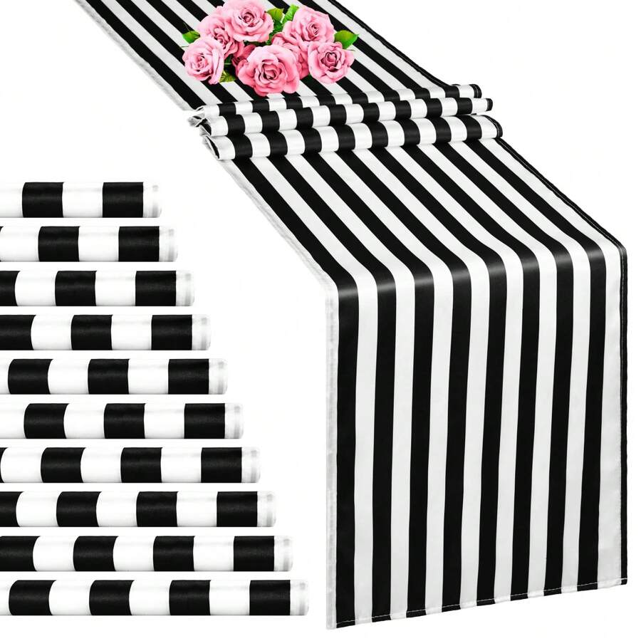 10 Pack Table Runner Polyester Table Decor Classic   Table Runner For Indoor Outdoor Wedding, Birthday Parties, Banquets, Fit Rectange And Round Table(12 X 108 Inch) - Sọc đen trắng - Xem 1