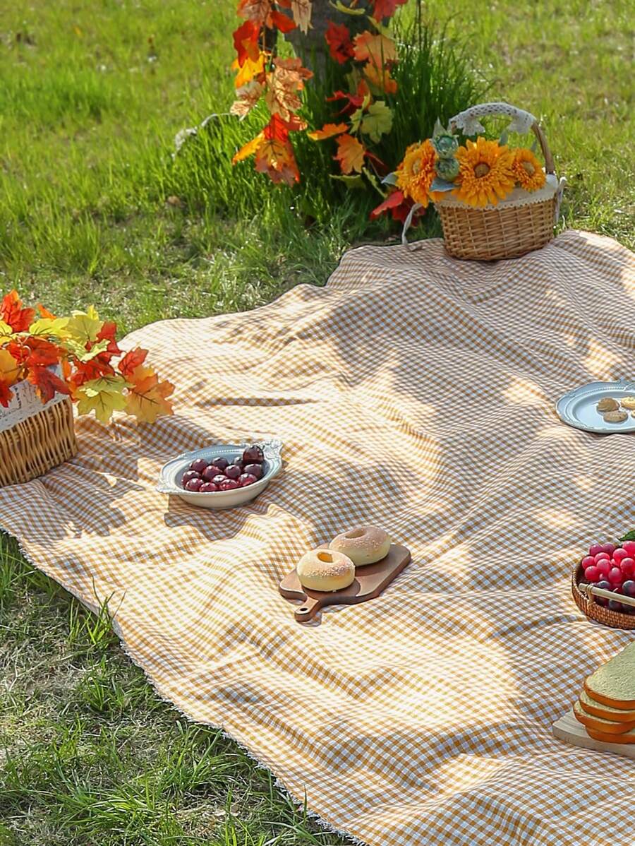 現代極簡主義方格印刷戶外野餐墊野餐墊 - 橘色 - 查看 1