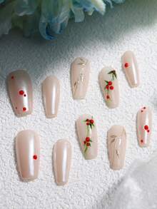 Agregue un toque de romance con 10 uñas postizas elegantes y perladas de ataúd largo hechas a mano con dibujo a mano alzada y texturizado en estilo japonés de "Ormosia". Uña de acrílico de buena calidad de cobertura completa para mujeres y niñas. - Rosa Pálido - Ver 4