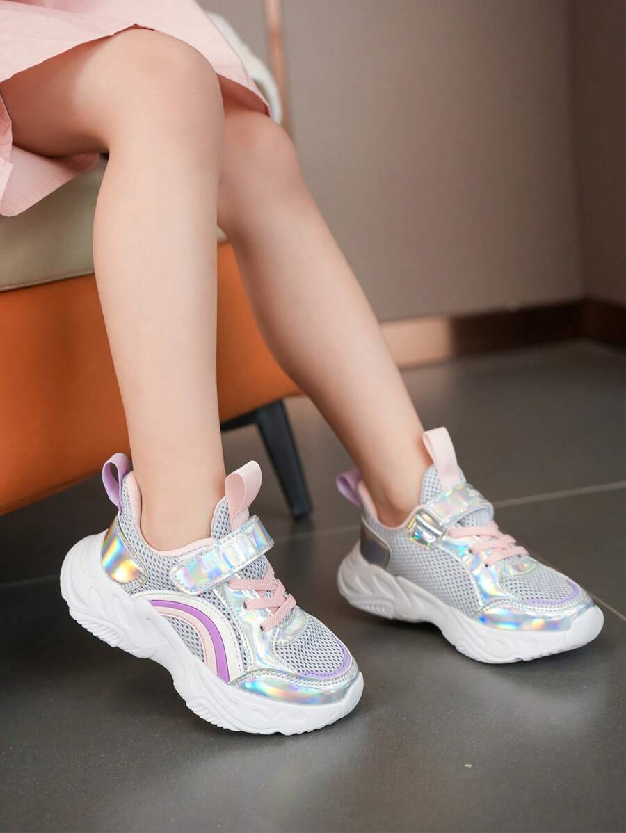 1 Coppia Scarpe casual estive/primaverili per bambine, in maglia arcobaleno e pelle, traspiranti, leggere e confortevoli, scarpe da ginnastica per bambini - Argento - Visualizzare 1