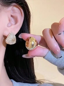 2pcs Vintage French Style Minimalist Rhinestone Encrusted Water Drop Hoop Earrings - Earrings - View 7