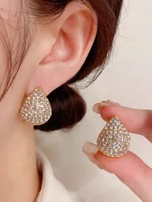 2pcs Vintage French Style Minimalist Rhinestone Encrusted Water Drop Hoop Earrings - Earrings - View 1
