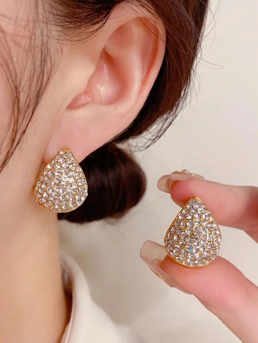 2pcs Vintage French Style Minimalist Rhinestone Encrusted Water Drop Hoop Earrings - Earrings - View 1