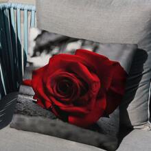 4pcs Black & Red Color Block Pillow Covers, Rose Floral Design, Digital Printed Polyester Linen-Like Material, Romantic Gift For Home Decoration & Couple (Pillow Inserts Not Included)