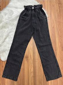 Calça Jeans Calça wide leg  Cintura elástica Feminina Calça PantalonaTecido Algodão Premium - Chumbo - Visão 1
