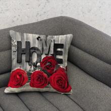 4pcs Black & Red Color Block Pillow Covers, Rose Floral Design, Digital Printed Polyester Linen-Like Material, Romantic Gift For Home Decoration & Couple (Pillow Inserts Not Included)