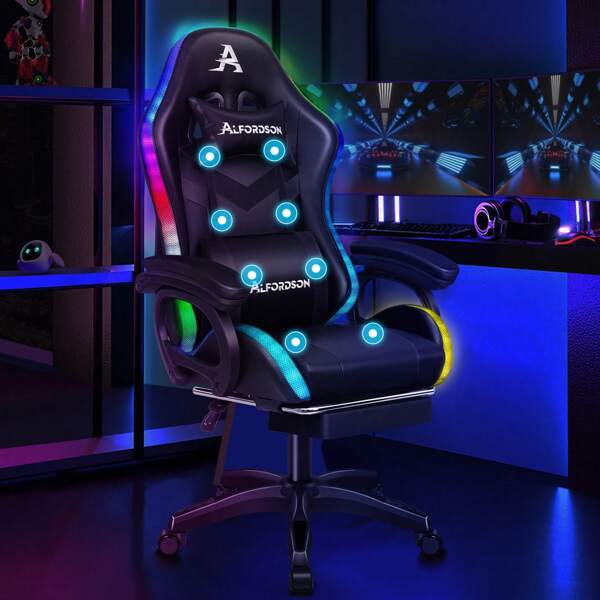 ALFORDSON 1 Paquete de Silla de Gaming de Masaje LED de PU Negro