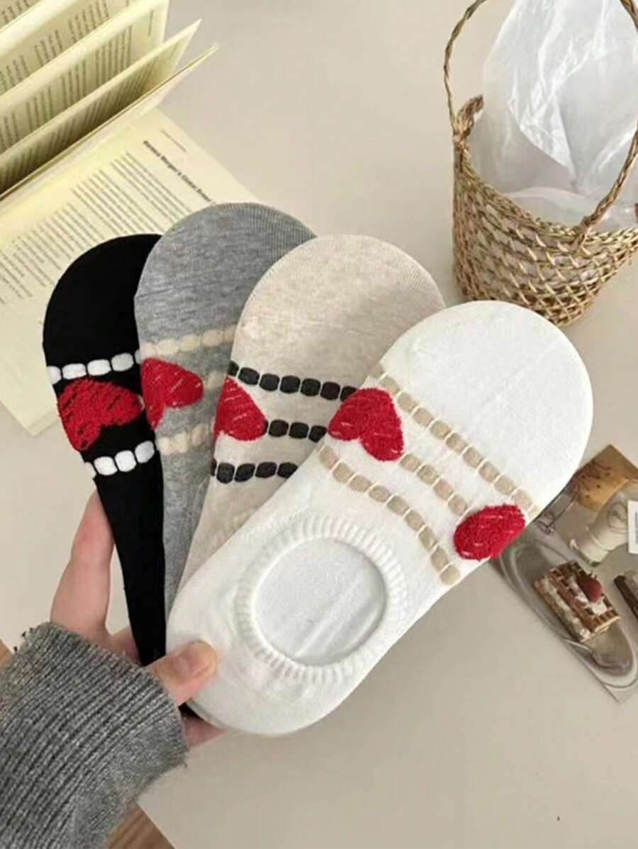 4 Pairs Random Heart Printed Crew Socks, Casual Stripes & Scribble Designs, Non-Slip Hidden Ankle Socks For Women, Spring/Summer, Fashionable & Versatile - Multicolor - View 1
