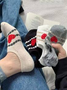4 Pairs Random Heart Printed Crew Socks, Casual Stripes & Scribble Designs, Non-Slip Hidden Ankle Socks For Women, Spring/Summer, Fashionable & Versatile - Multicolor - View 4