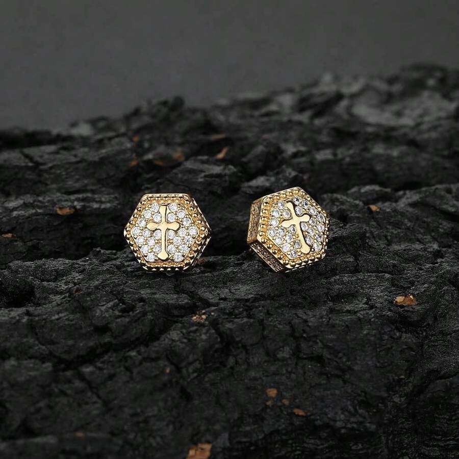 2 piezas Pendientes de cruz con diseño de hexágono de circonita cúbica con diamantes de imitación, personalizados, estilo hip hop para hombres