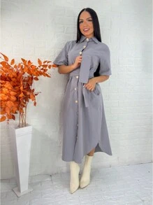 LINEN DRESS WITH BELT SUZI MODA - Light Grey - View 2