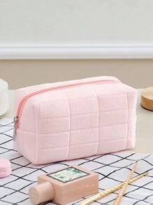 1個毛絨化妝袋旅行化妝包，日式風格，大容量，高品質方格紋，化妝刷存儲袋
