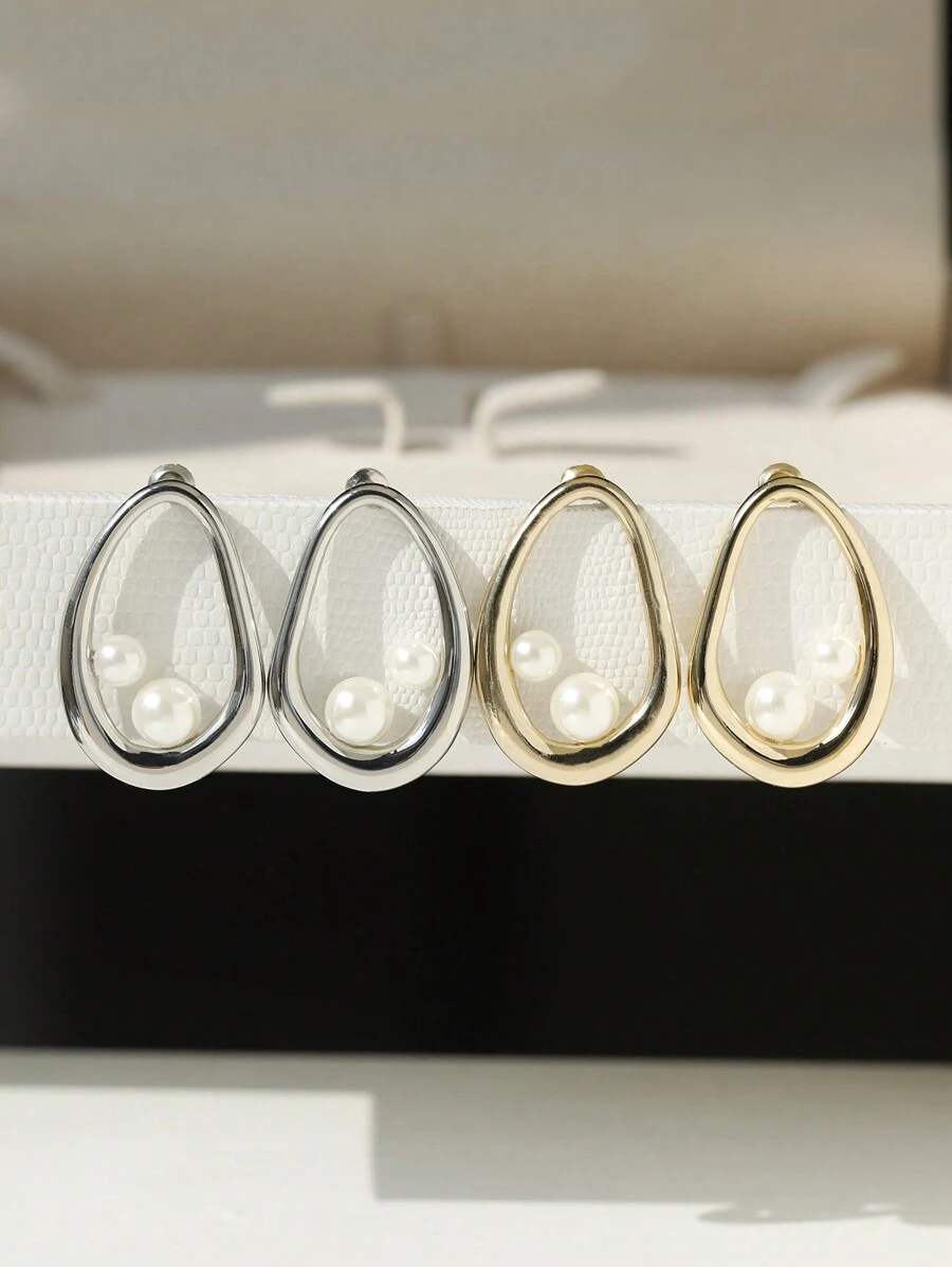 1 Pair Minimalist Faux Pearl Earrings, Asymmetrical Polished Line ...