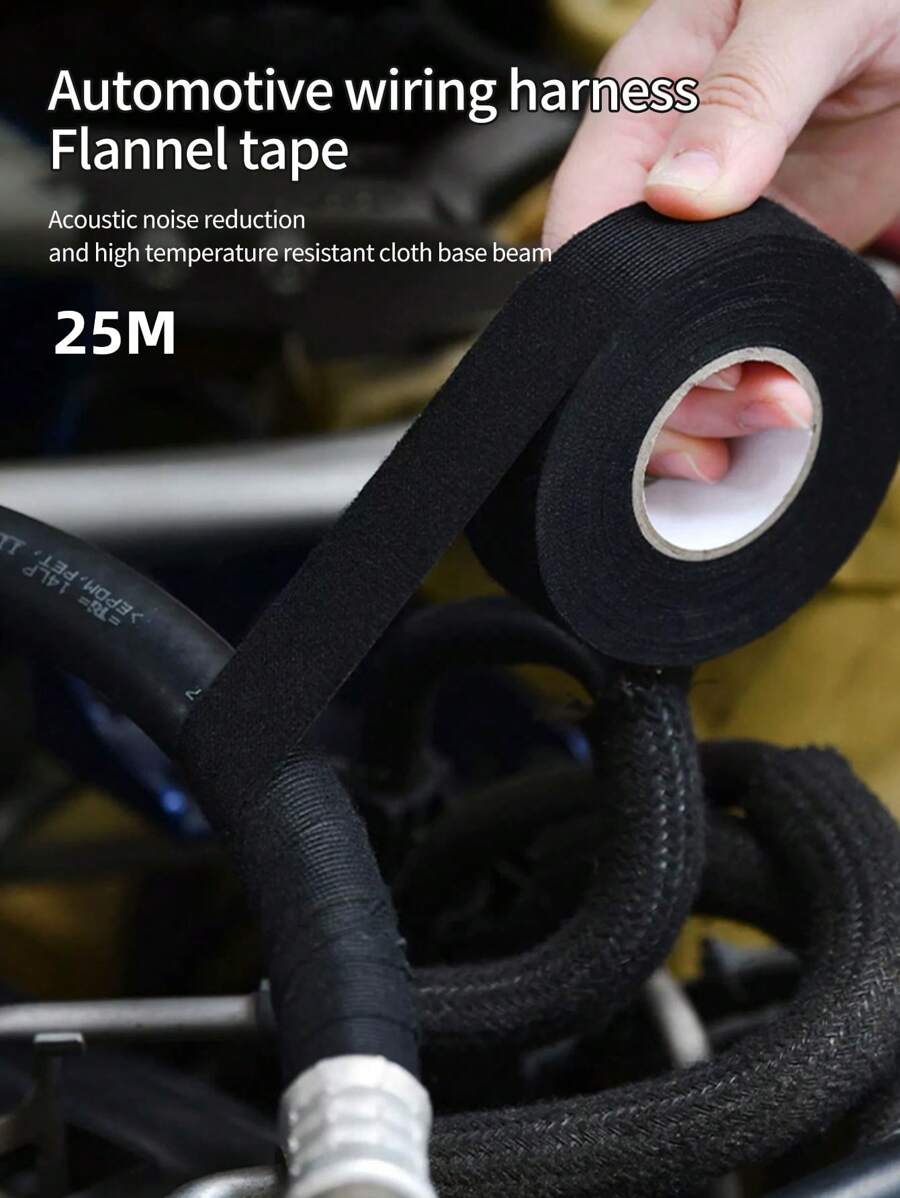 25m Automotive Wire Harness Fabric Fleece Tape, Noise Reduction, High Temperature Resistance - Black - View 1