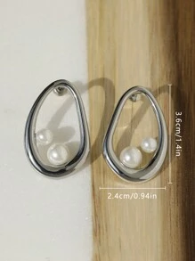 1 Pair Minimalist Faux Pearl Earrings, Asymmetrical Polished Line ...